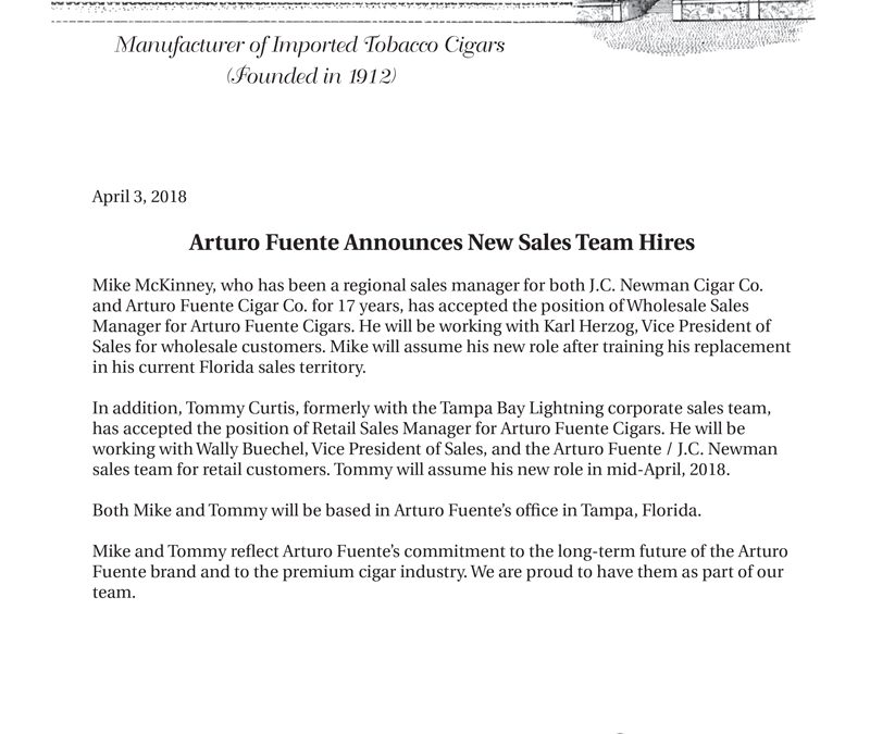 Arturo Fuente Announces New Sales Hires